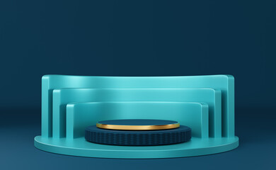 podium empty with geometric shapes in blue composition for modern stage display and minimalist mockup ,abstract showcase background ,Concept 3d illustration or 3d render