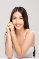 Beautiful Young Asian Woman Holding Hands smile feeling so happy and cheerful with healthy Clean and Fresh skin,isolated on white background,Beauty Cosmetics Concept