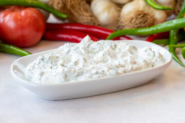 Haydari appetizer. Traditional Turkish and Arabic cuisine meze. Snack meal served alongside the main course. Natural vegetarian food. Local name Haydari mezesi