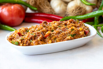 Spicy appetizer. Traditional Turkish and Arabic cuisine meze. Snack meal served alongside the main course. Natural vegetarian food. Local name yandım hacer