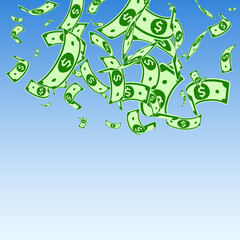 Naklejka premium American dollar notes falling. Random USD bills on