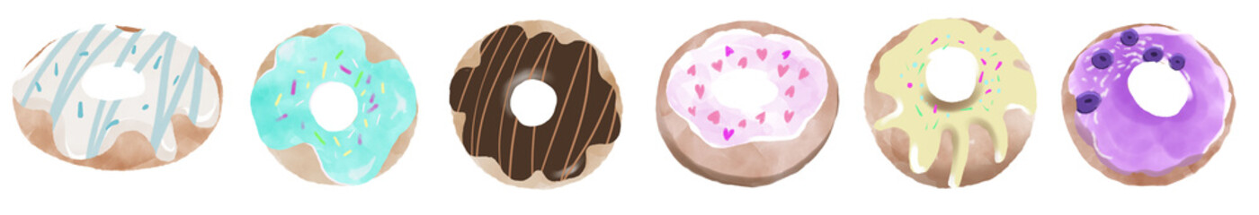Set of donuts. Donut icon collection with toppings.