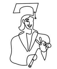 One line drawing of woman at her graduation smiling holding her certificate.
One continuous line drawing of graduation concept.