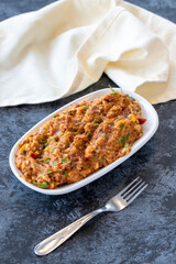 Spicy appetizer. Traditional Turkish and Arabic cuisine meze. Snack meal served alongside the main course. Natural vegetarian food. Local name yandım hacer