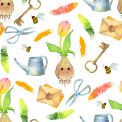 spring pattern. watercolor painted bright seamless pattern with cute characters flowers, tulips, crocuses, muscari vegetables, garden for kids. For printing design on fabric, clothing, packaging