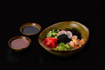 Poke bowl with fresh fish and vegetable, dark background copyspace