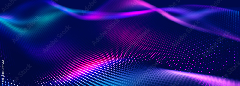 Fototapete Futuristic dots pattern on dark background. Colored music wave. Big data. Technology or Science Banner. 3D rendering