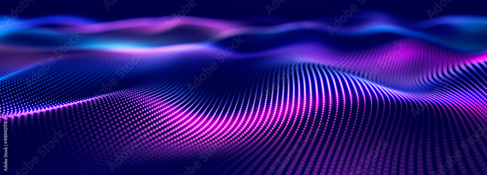 Fototapete Digital technology background. Dynamic wave of glowing points. Futuristic background for presentation design. 3d