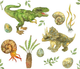 seamless dinosaurs pattern. watercolor painted illustration of dinosaurs, triceratops, pterodactyl, tyrannosaurus rex, ammonites. children's print monsters, jurassic period, for fabric, packaging - 418942103