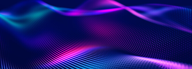 Futuristic dots pattern on dark background. Colored music wave. Big data. Technology or Science Banner. 3D rendering