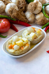 Artichoke Salad Appetizer. Healthy food. Traditional Turkish and Arabic cuisine meze. Snack meal served alongside the main course. Natural vegetarian food. Local name enginar salatası