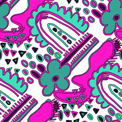 Obraz na płótnie Canvas Seamless vector pattern with abstract doodles. Bright spring or summer print. Trendy colorful background. Geometric doodle. 