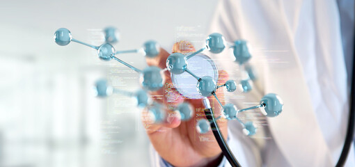 Doctor touching a 3d molecule concept - 3d rendering