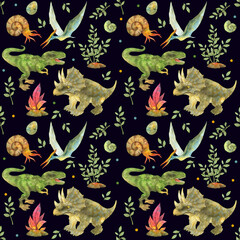 seamless dinosaurs pattern. watercolor painted illustration of dinosaurs, triceratops, pterodactyl, tyrannosaurus rex, ammonites. children's print monsters, jurassic period, for fabric, packaging © guziy