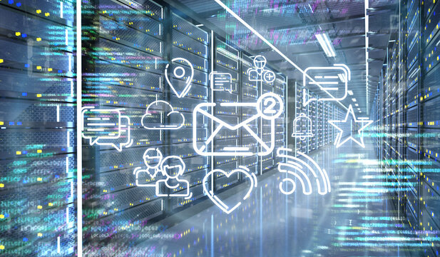 Multiumedia icons in a Server room data center - 3d rendering