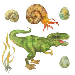 set of painted dinosaurs, triceratops, tyrannosaurus rex, monsters, reptiles, ammonites, plants, jurassic park, watercolor illustration, objects isolated on a white background, clipart