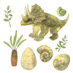 set of painted dinosaurs, triceratops, tyrannosaurus rex, monsters, reptiles, ammonites, plants, jurassic park, watercolor illustration, objects isolated on a white background, clipart