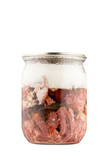 glass jar with meat stew advertising photo billet for your design close-up, Canned meat in a glass jar
