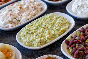 An appetizer prepared with feta cheese and pistachios. Traditional Turkish and Arabic cuisine meze. Snack meal served alongside the main course. Natural vegetarian food. Local name grit ezmesi mezze