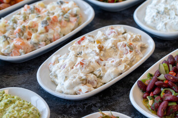 Panco appetizer prepared with potatoes, yogurt and peppers. Traditional Turkish and Arabic cuisine meze. Snack meal served alongside the main course. Natural vegetarian food. Local name Panco mezze