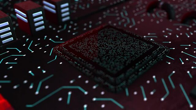 Technology background processor circuit. Virtual hi tech uI animation closeup. Concept of data transmission, computer communication. Digital information travels