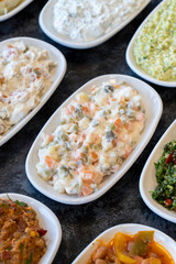 American salad. An aparatif meal prepared with potatoes, peas, pickles, corn and yogurt. Snack meal served alongside the main course. Natural vegetarian food. American salad mezze