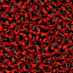 Seamless abstract background from a red perforating layer and many holes with moths (butterflies) shape on black.