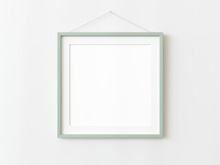 Green wooden squared frame hanging on a white textured wall mockup, Flat lay, top view, 3D illustration
