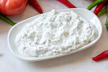 Haydari appetizer. Traditional Turkish and Arabic cuisine meze. Snack meal served alongside the main course. Natural vegetarian food. Local name Haydari mezesi