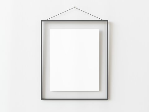 One grey rectangular vertical frame hanging on a white textured wall mockup, Flat lay, top view, 3D illustration