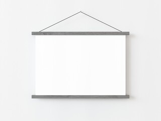 One square roll up poster mockup with grey wooden border hanging on a white wall in empty room. Isolated roll up poster mockup template on white background. 3D illustration