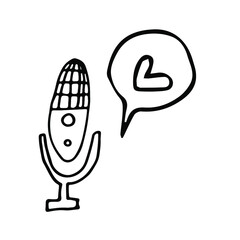 linear icons of podcasting tools. Sound recording equipment, vector illustration. Monochrome drawing of podcast studio objects, on white background