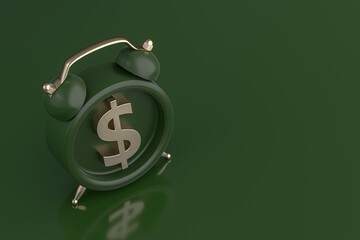 Alarm clock with gold dollar symbol icon on green background. 3d rendering