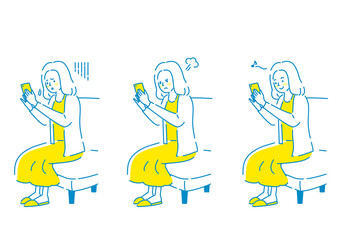 スマートフォンを見つめるの若い女性の表情セット