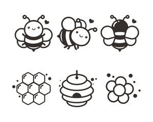 Cute bee cartoon character vector Hexagon honeycomb and flower isolated on white background.