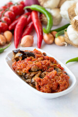 Grilled eggplant salad appetizer with tomato sauce (with eggplant sauce or saksuka). Traditional Middle Eastern meze beside the main course. Layout on white wood