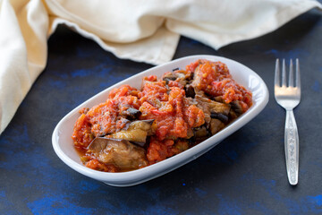 Grilled eggplant salad appetizer with tomato sauce (with eggplant sauce or saksuka). Traditional Middle Eastern meze beside the main course. Layout on dark wood