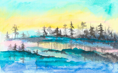 Beautiful northern landscape, hand-drawn with watercolor markers. Sunset over the lake in the fir forest. Cover, postcard, template design, wallpaper, logo.