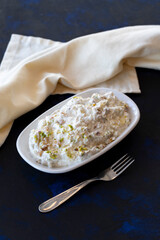 Marko Pasha appetizer prepared with chicken, roasted eggplant, garlic, walnuts and mayonnaise. Traditional Turkish cuisine flavors. Appetizer served with the main course