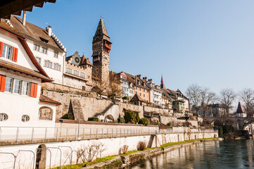 Bremgarten, Altstadt, Muri-Amthof, Reuss, Fluss, Reussbrücke, Eisenbahnbrücke, Altstadthäuser, Reussufer, Aargau, Reusstal, Frühling, Winter, Schweiz