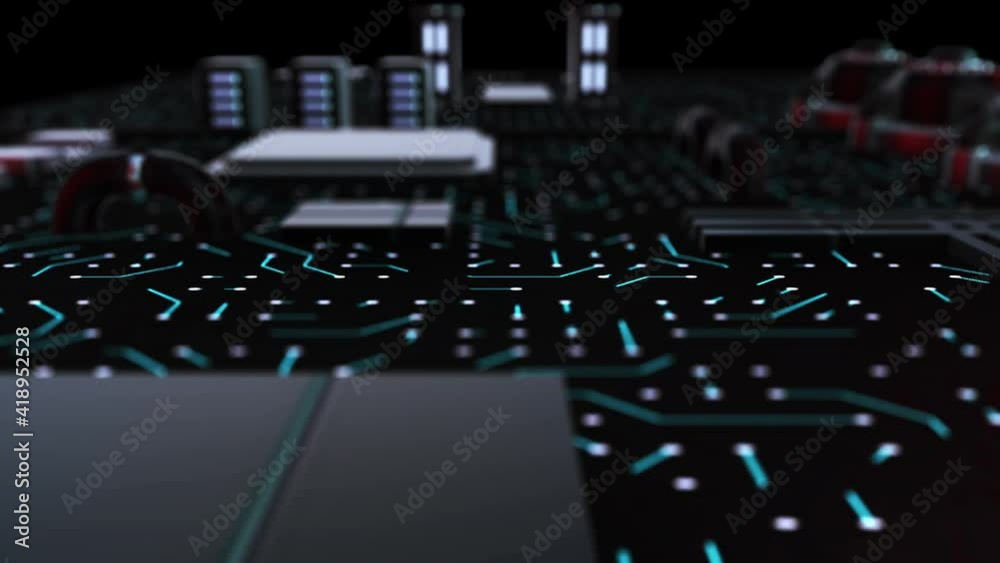 Wall mural digital information travels on computer board. concept of data transmission, computer communication.