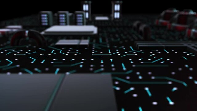 Digital information travels on computer board. Concept of data transmission, computer communication. Technology background processor circuit. Virtual hi tech uI animation closeup
