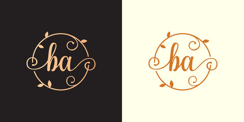 Decorative, luxury Letter BA initial, Classy Monogram logo inside a circular stalk, stem, nest, root with leaves elements. Letter BA flower bouquet wedding logo