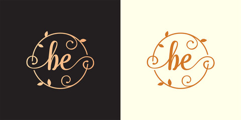 Decorative, luxury Letter BE initial, Classy Monogram logo inside a circular stalk, stem, nest, root with leaves elements. Letter BE flower bouquet wedding logo