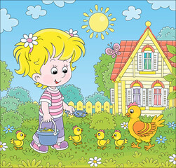 Obraz na płótnie Canvas Little girl farmer standing with a bucket of feed grain and feeding a merry brood of small yellow chicks and a cute hen on a chicken farm on a sunny summer day, vector cartoon illustration
