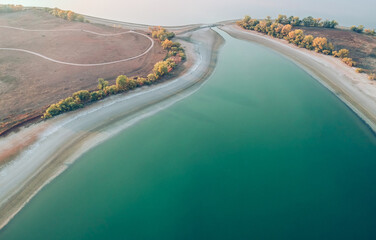 drone shot above a lake