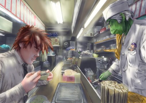 hombre comiendo fideos con yokais en restaurante japon&eacute;s 