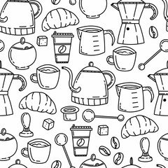 Seamless doodle pattern with coffee and coffee accessories. Cute vector doodle illustration for design.