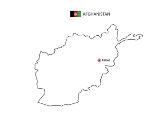 Hand draw thin black line vector of Afghanistan Map with capital city Kabul on white background.