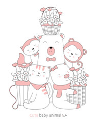 Cartoon sketch the cute baby animal with a flower basket. Hand-drawn style.